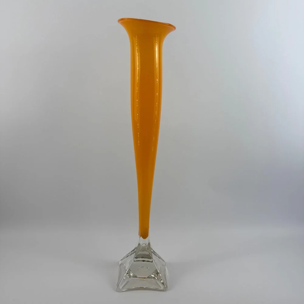 Willsea | O'Brien Orange Art Glass Trumpet Vase Signed Clear Crystal Base